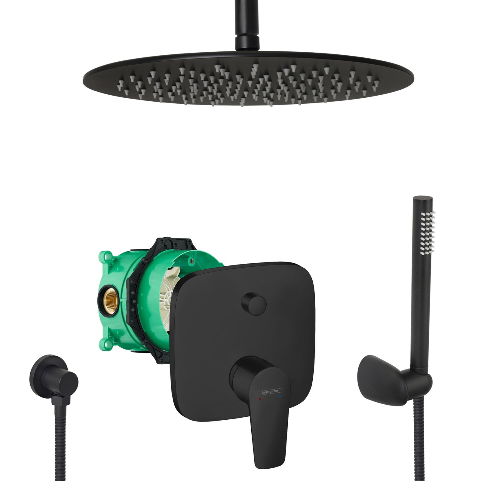 hansgrohe komplettes set dusche unterputz regendusche regenbrause deckenarm deckenzulauf handbrause schwarz matt