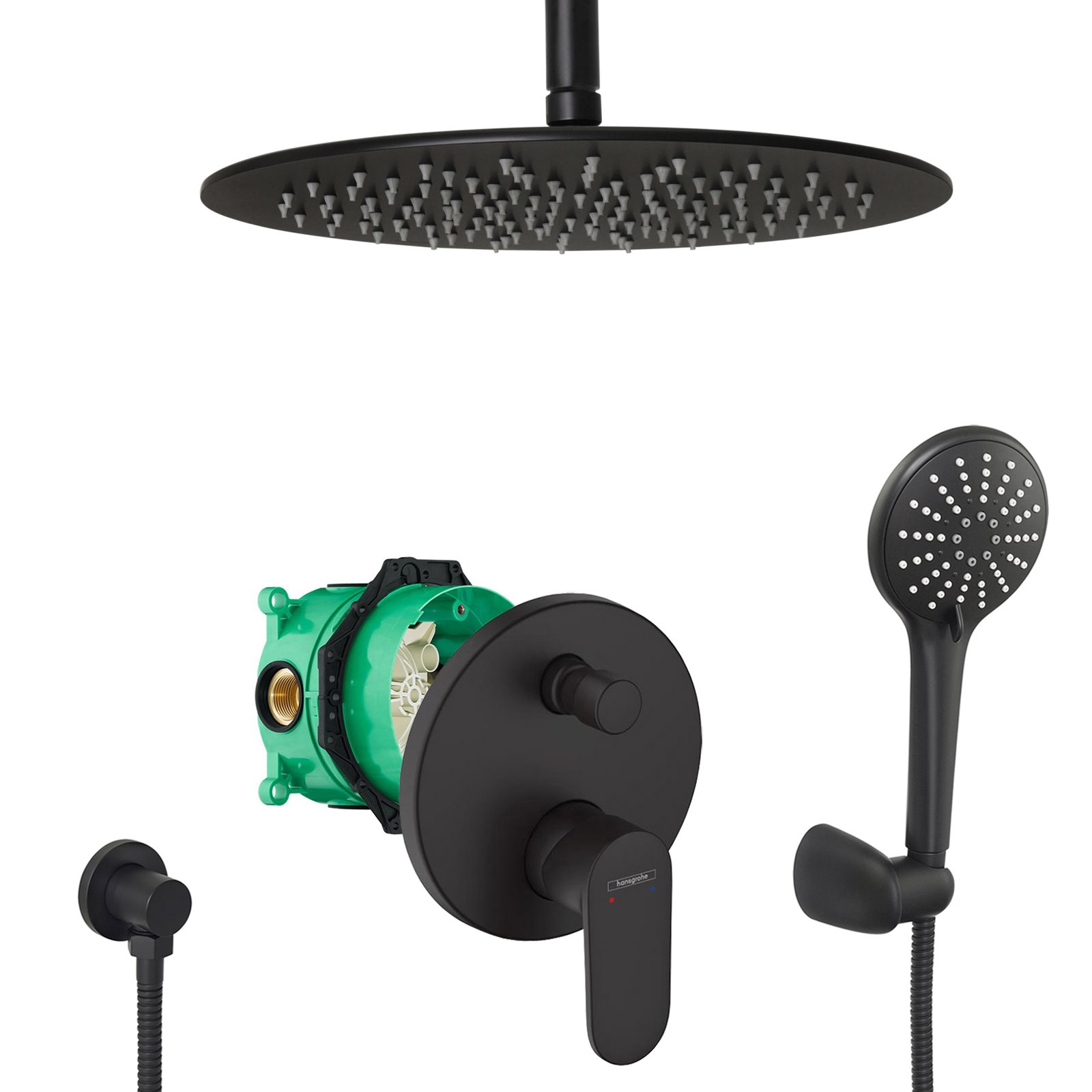 hansgrohe komplettes set dusche unterputz regendusche regenbrause deckenarm deckenzulauf handbrause schwarz matt