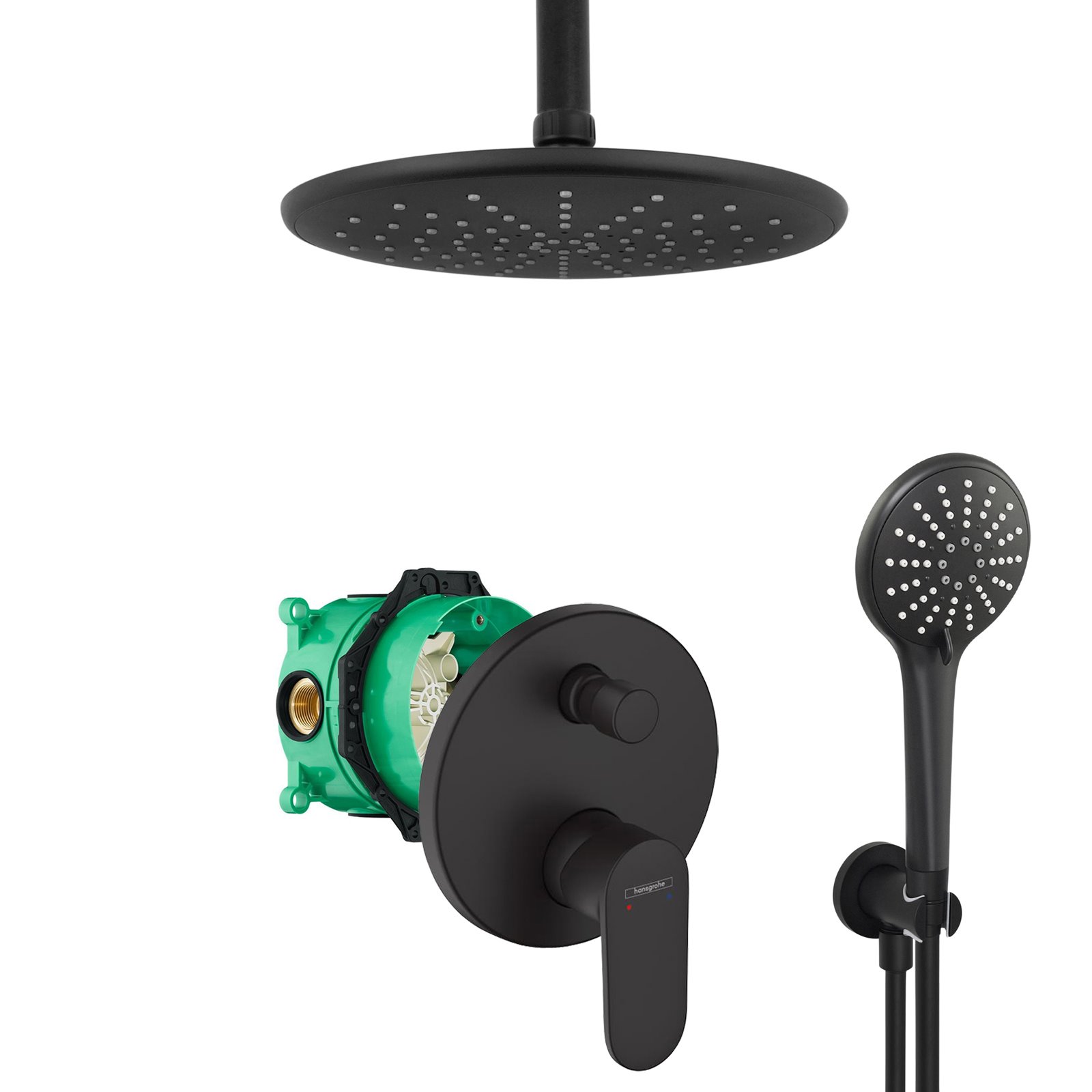 hansgrohe komplettes set dusche unterputz regendusche regenbrause deckenarm deckenzulauf handbrause schwarz matt