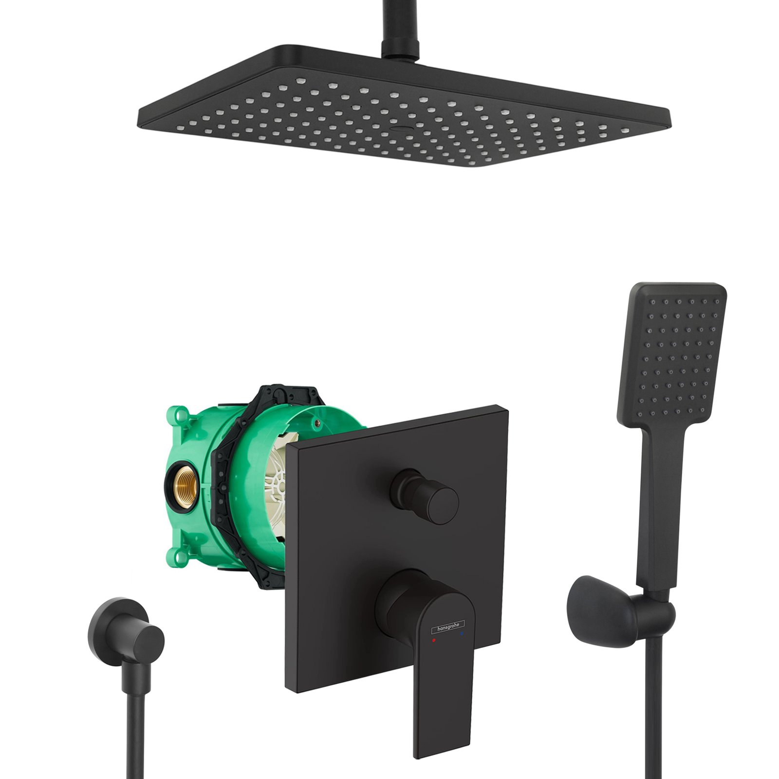 hansgrohe komplettes set dusche unterputz regendusche regenbrause deckenarm deckenzulauf handbrause schwarz matt