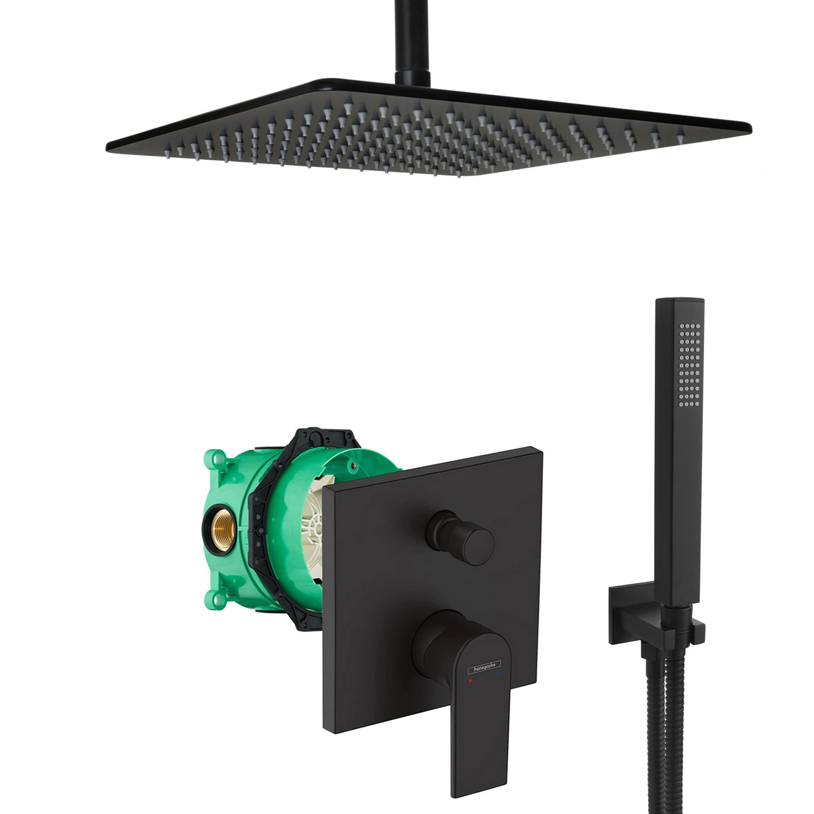 hansgrohe komplettes set dusche unterputz regendusche regenbrause deckenarm deckenzulauf handbrause schwarz matt