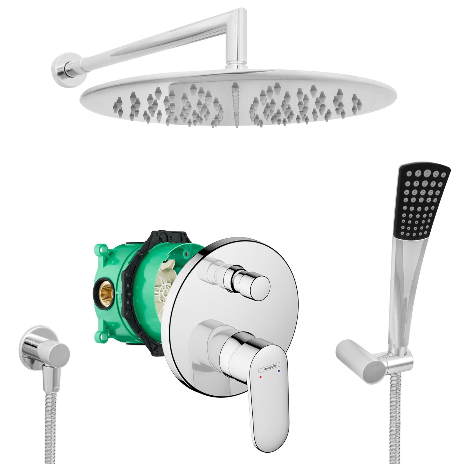 hansgrohe komplettes set dusche unterputz regendusche regenbrause zulaufarm handbrause verchromt