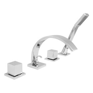 wannenrand armatur mischer badewanne verchromt eckig würfel messing 4-loch wannenrandmischer design edel modern handbrause anschlussmaterial keramikventile auslaufelement große ausladung