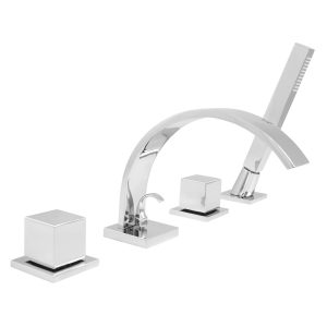 wannenrand armatur mischer badewanne verchromt eckig würfel messing 4-loch wannenrandmischer design edel modern handbrause anschlussmaterial keramikventile auslaufelement große ausladung