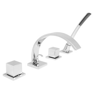 wannenrand armatur mischer badewanne verchromt eckig würfel messing 4-loch wannenrandmischer design edel modern handbrause anschlussmaterial keramikventile auslaufelement große ausladung
